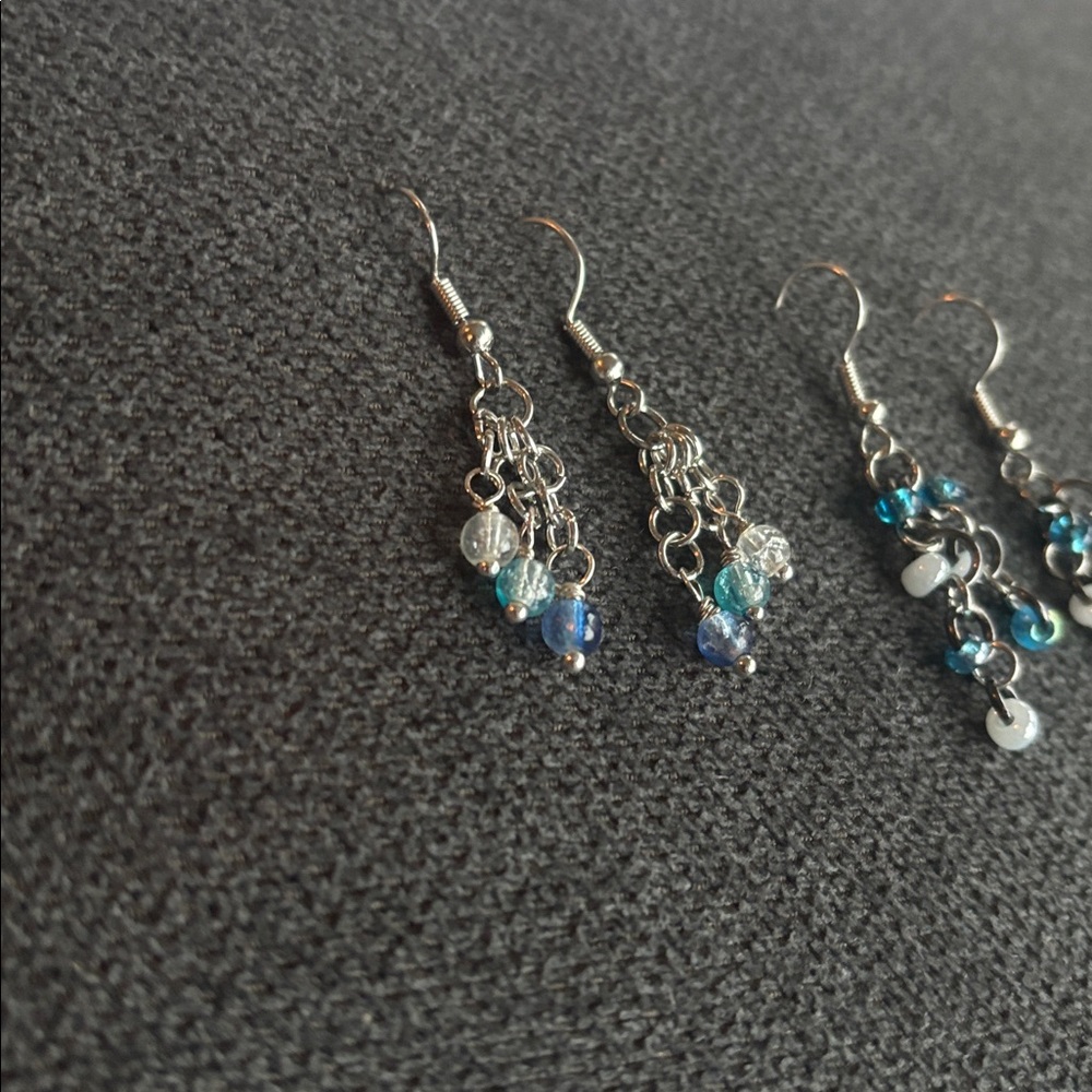 Silver and Blue Beaded Dangle Earrings- hand crafted - Picture 5 of 12